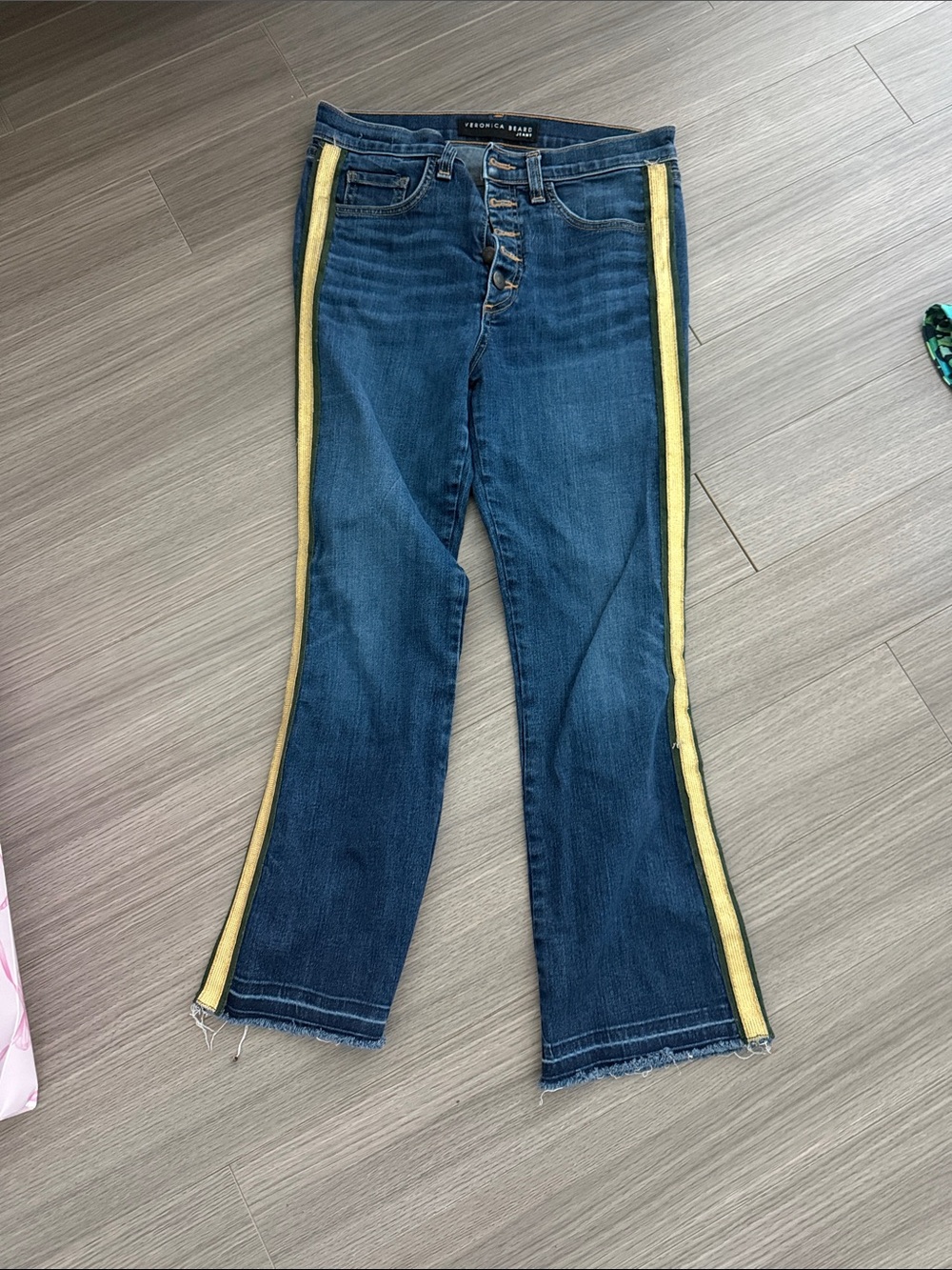 Veronica Beard Dark Blue Flare Jeans with Yellow Side Stripe